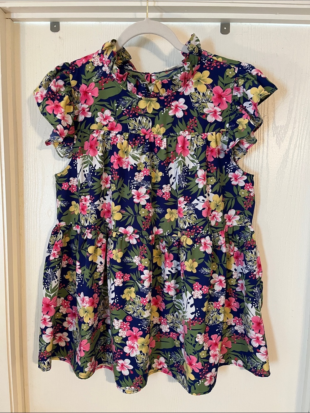 JODIFL Floral Navy, Pink & Green Ruffle Tiered Top